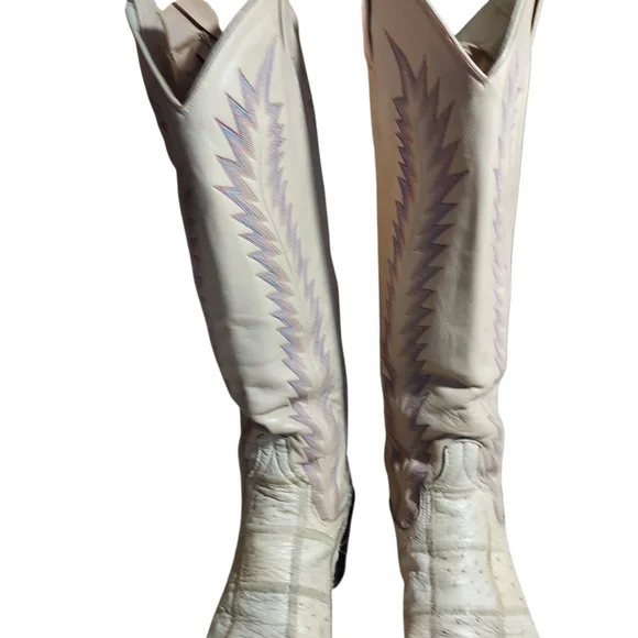 Vintage Larry Mahan Ivory Western Cowboy Boots Ostrich Print Tall USA - Picture 5 of 16